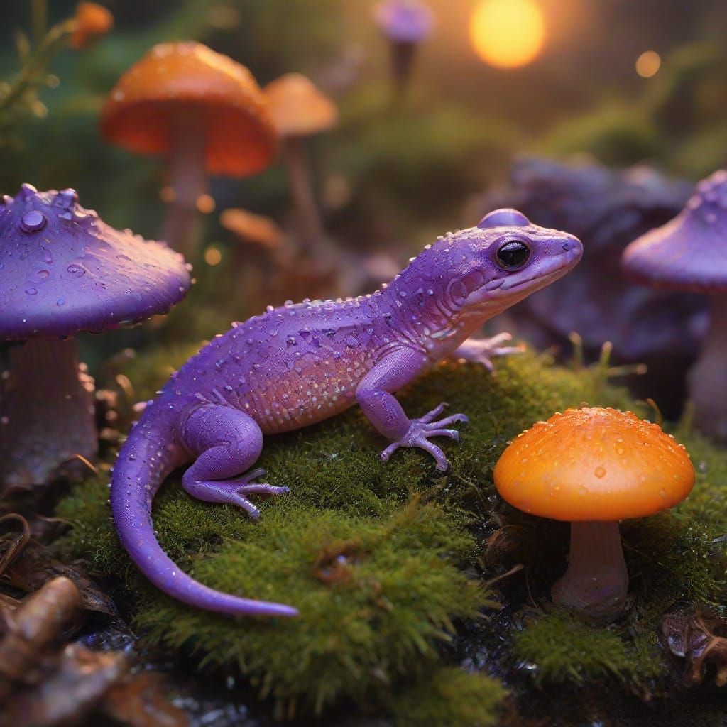 Purple Salamander and Glowing Mushrooms, Whimsical Oil Paint...
