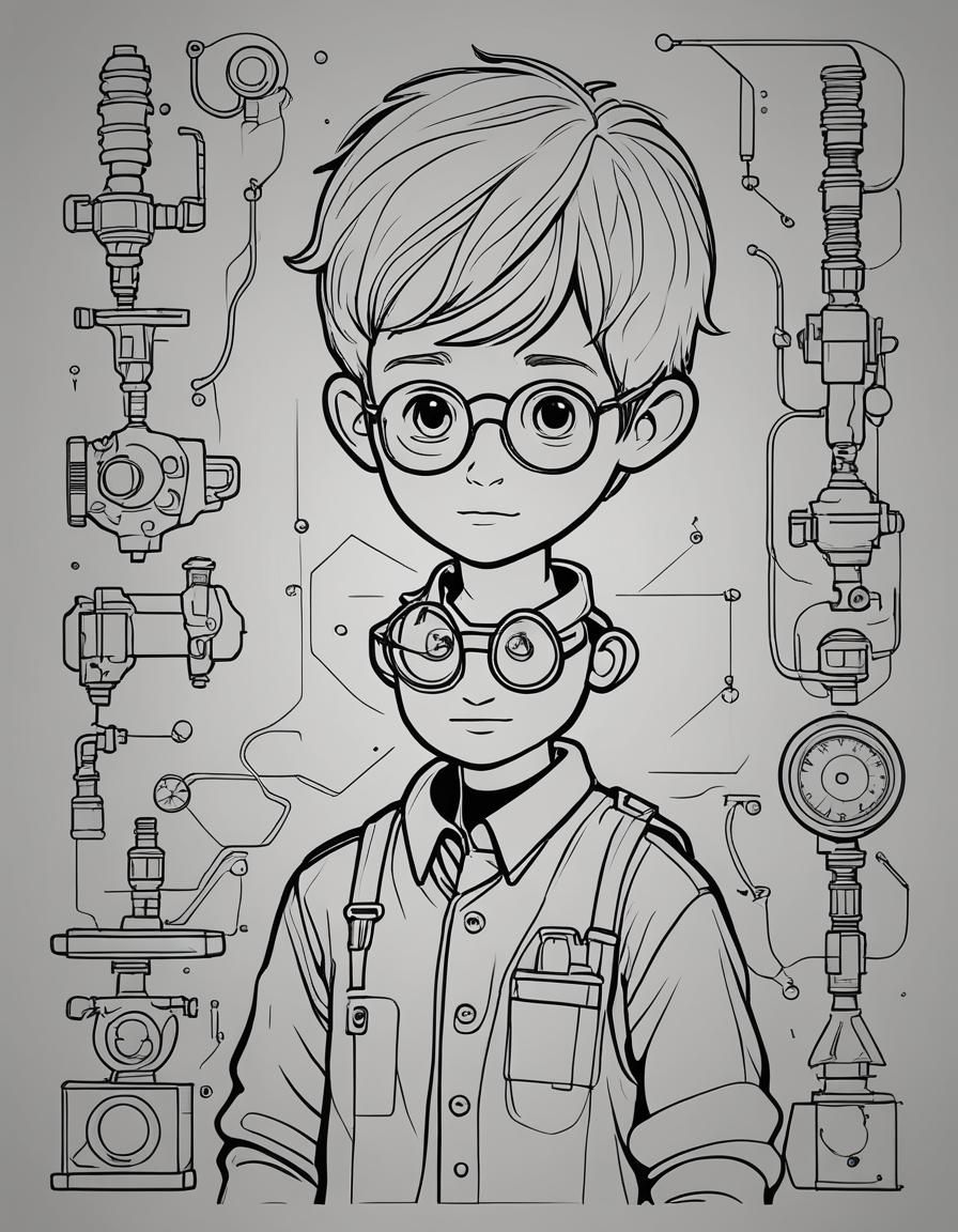 Minimalist Line Art of a Young Cartoon Inventor