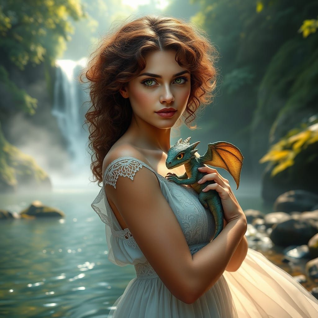 Hyperrealistic Summer Scene with Woman and Baby Dragon