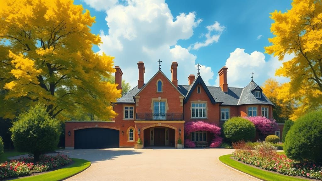 Grand Brick Chateau Amidst Vibrant Autumn Landscape