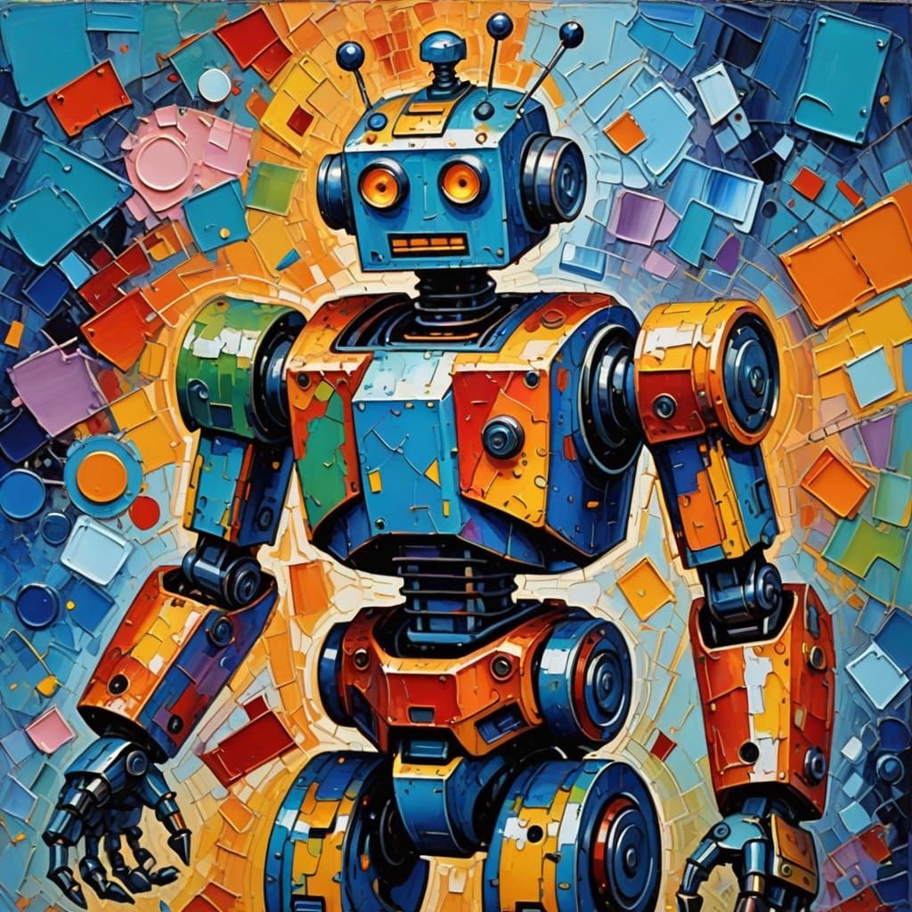 Robot's Warning in Vibrant Neo-Impressionist Style
