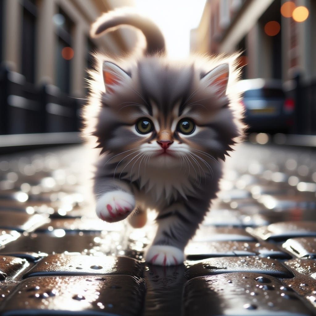 Kitten Frolics in Rainy Street: Hyper-Realistic Detail