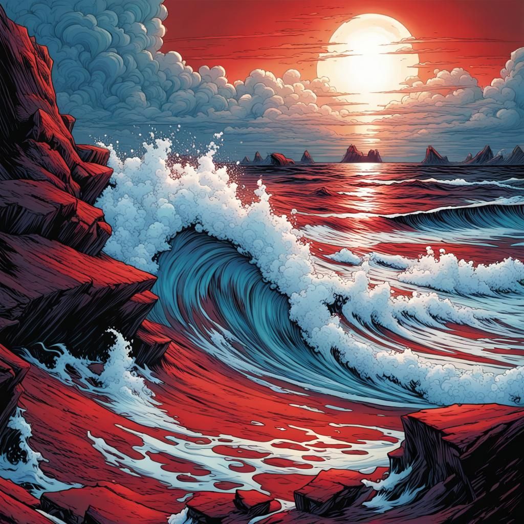 Blue Sea with Red Foam in Comic Book Style