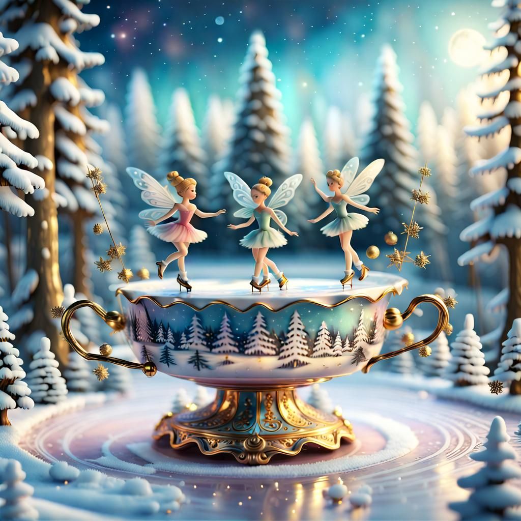 Fairies Skating in Winter Forest Diorama