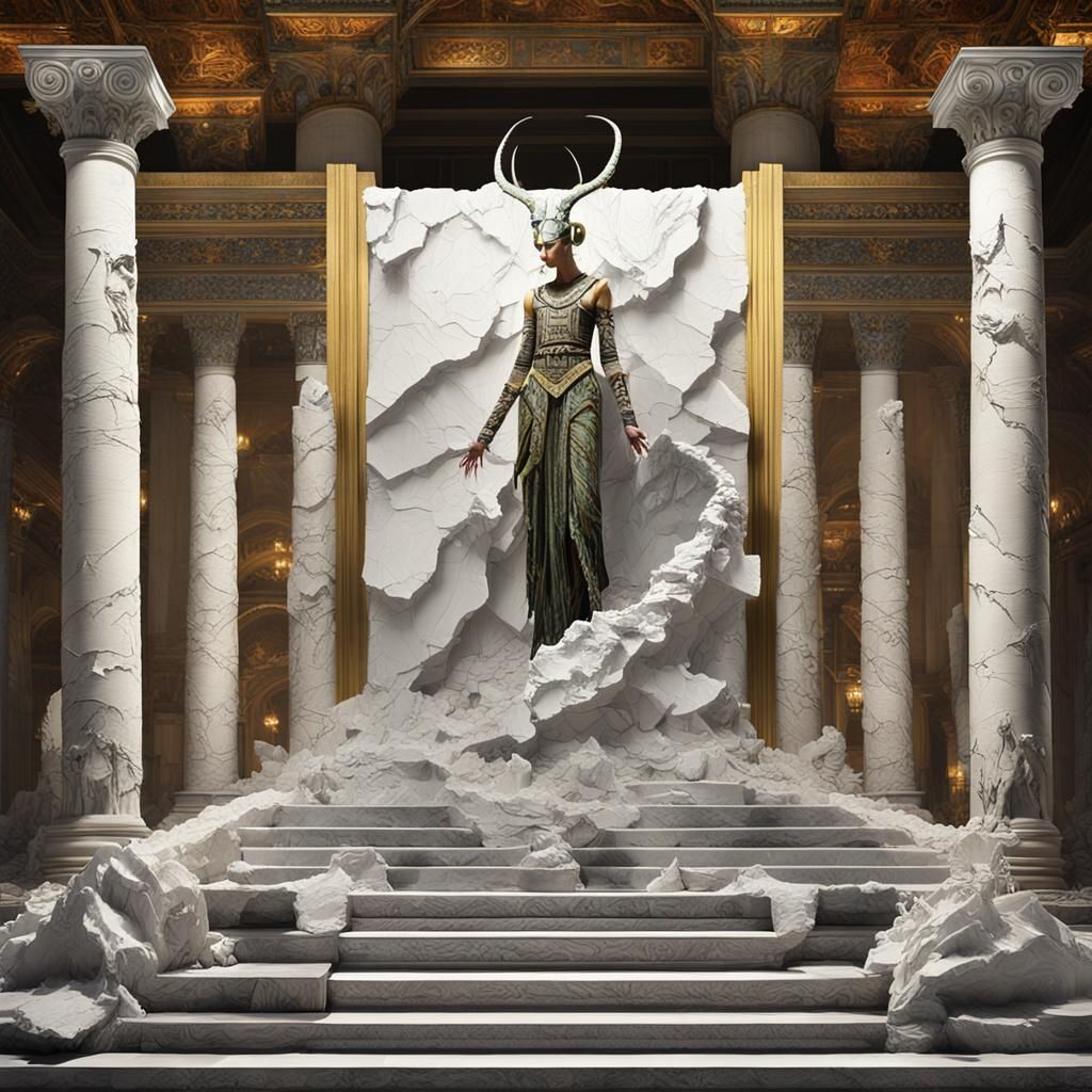 Giant Praying Mantises at an Art Exhibit in the Style of Alm...