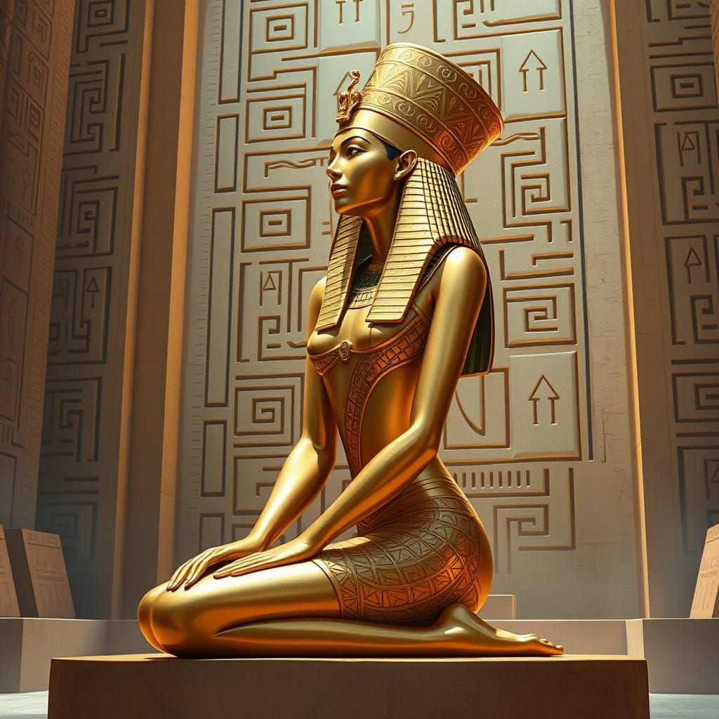 Elegant Egyptian Queen 3D Relief in Golden Temple