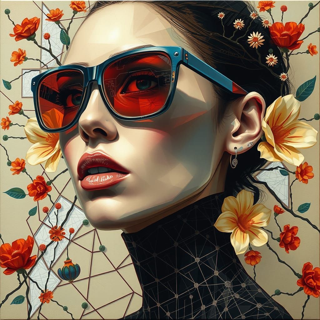 Geometric Abstract Portrait of Woman with Flowers