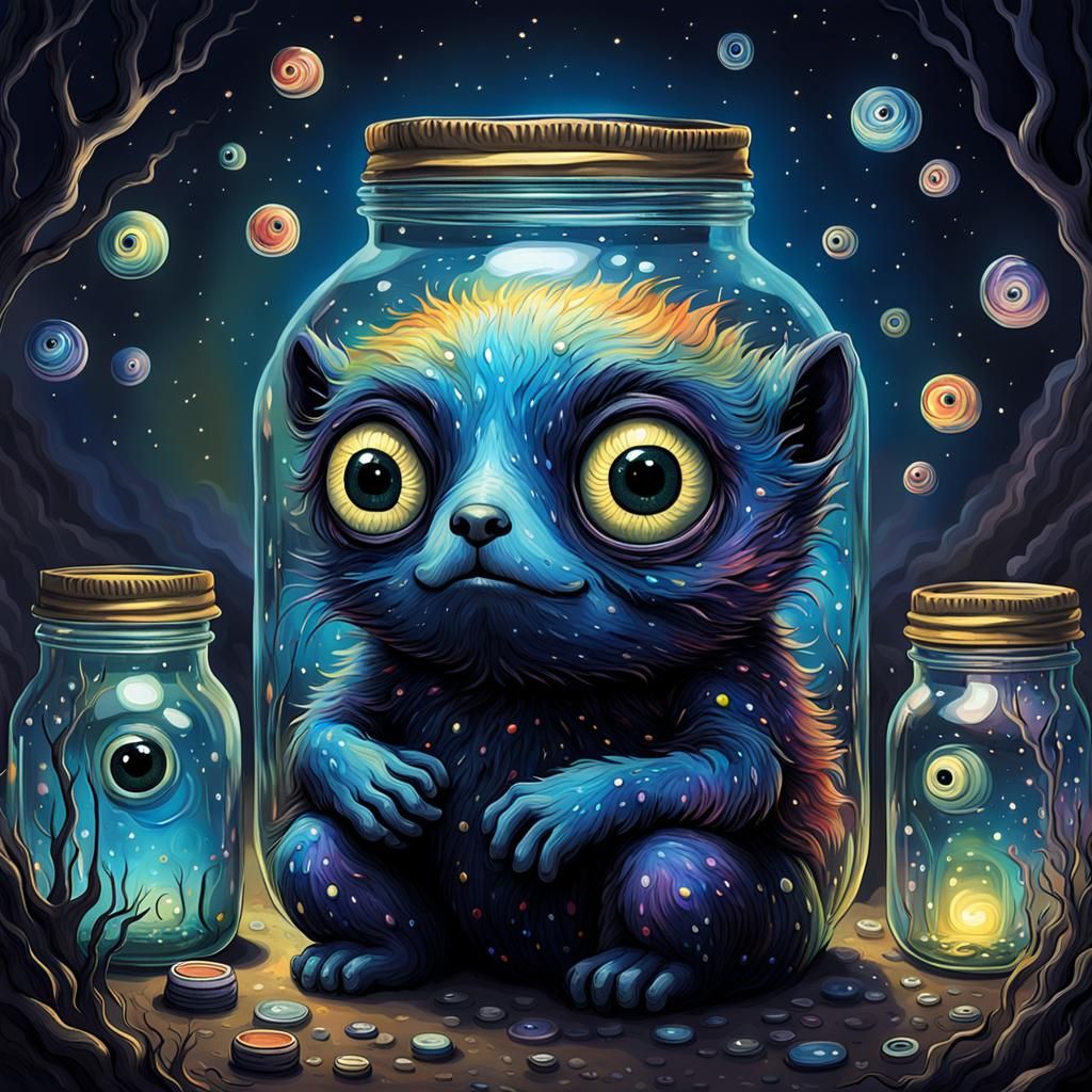 Gothic Creature Holding Jars of Dreams