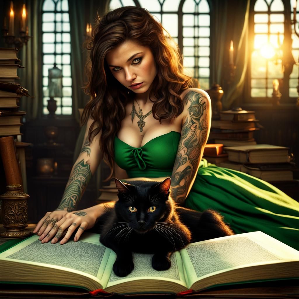 Hyperrealistic Witch and Cat Study Spells
