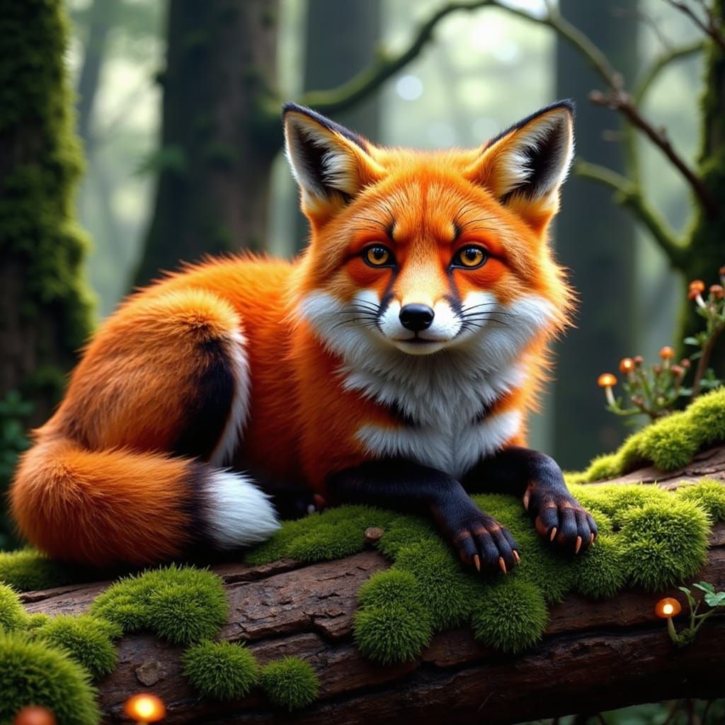 Agate Fox on Mossy Branch in Hyperrealist Style
