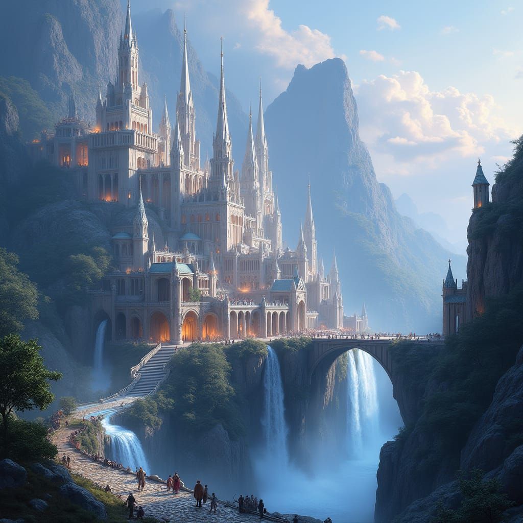 Majestic Fantasy City with Crystal Lights and Waterfalls