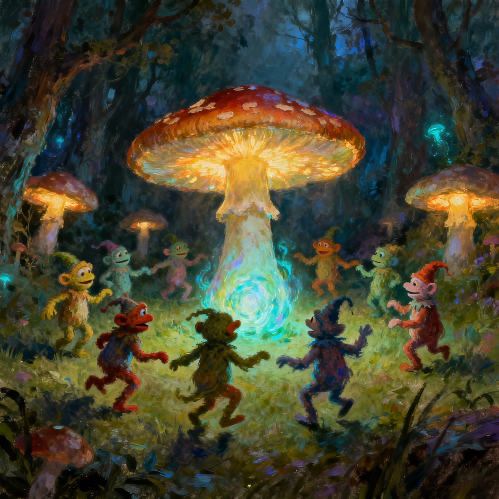 Whimsical Forest Ritual with Glowing Mushrooms & Creatures