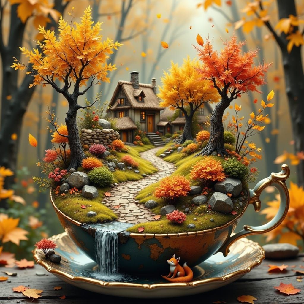 Autumn Village Inside a Teacup with Fairies and Fox
