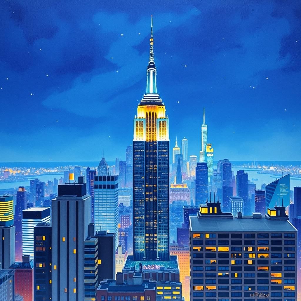 Empire State Building Night Skyline in Watercolor Style