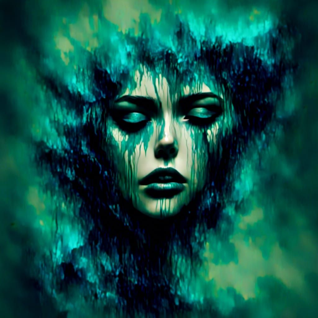 Sad Woman in Blue Impasto Oil Painting