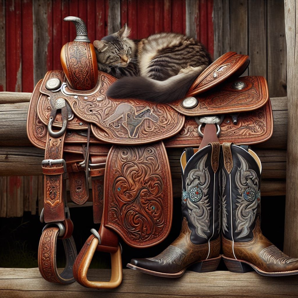 Tabby Cat Sleeps on Embossed Leather Saddle by Barn