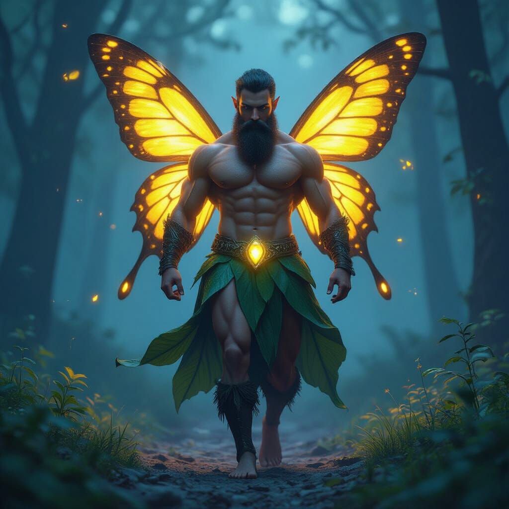 Muscular Male Fairy with Glowing Wings in Misty Forest