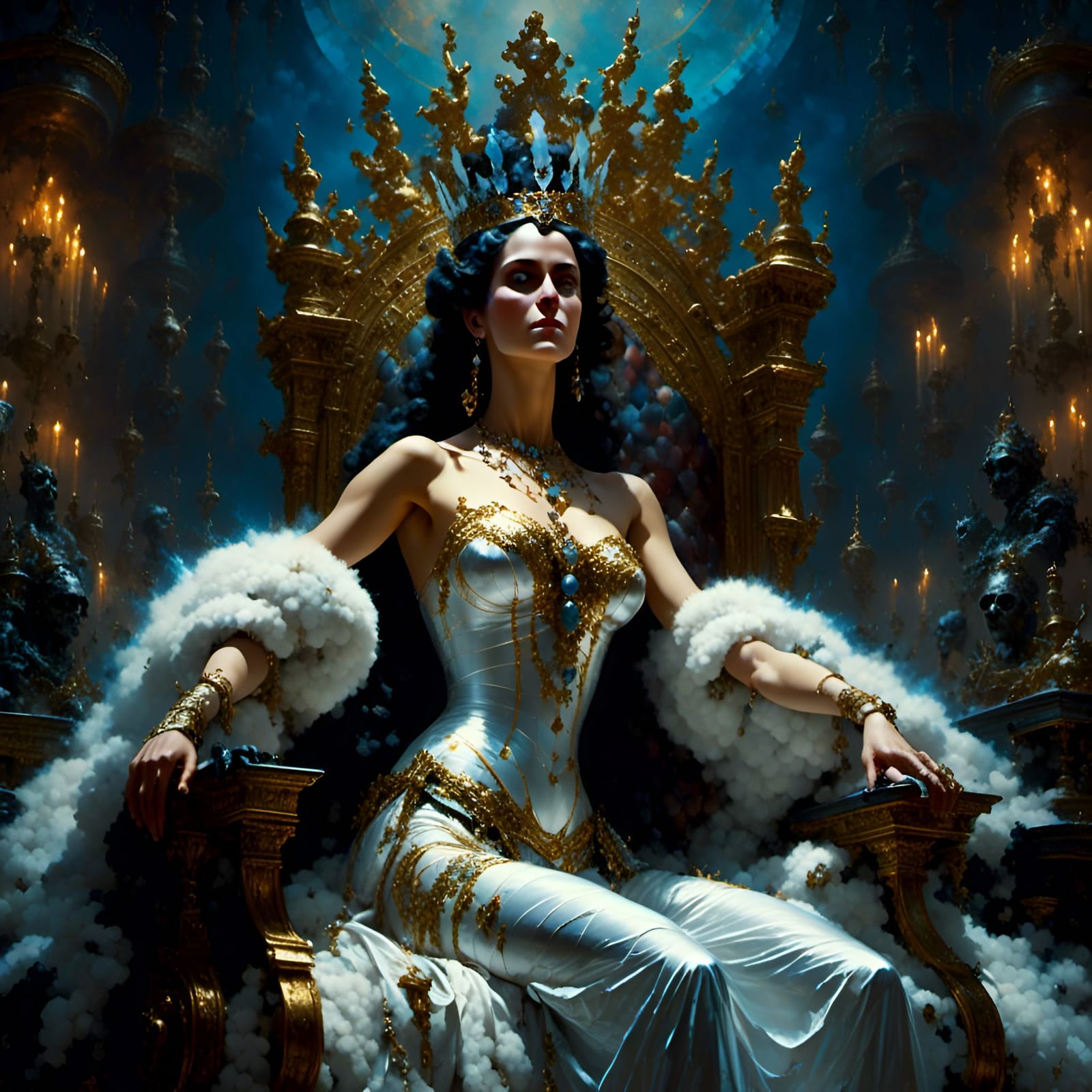 Solemn Queen in Dark Room: Hyperrealistic Oil Painting