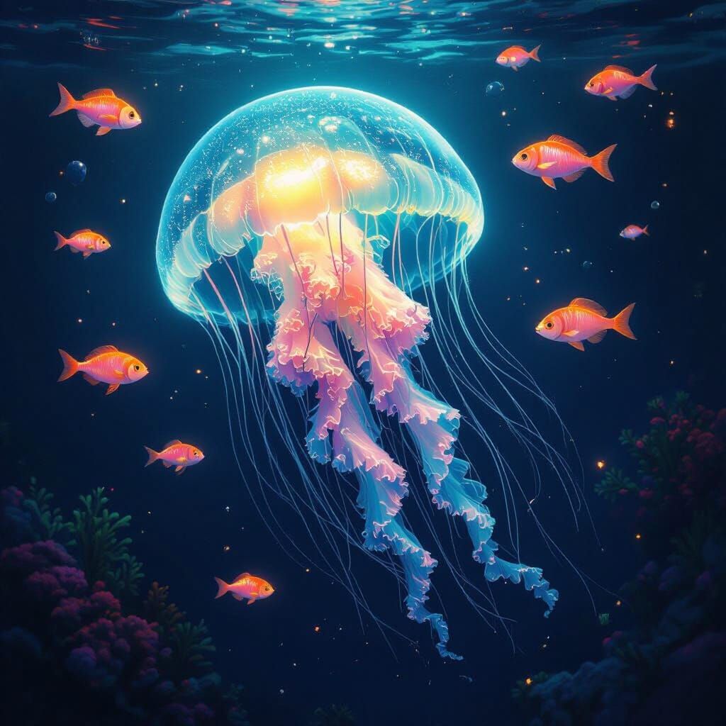 Bioluminescent Jellyfish in Dreamlike Surreal Ocean