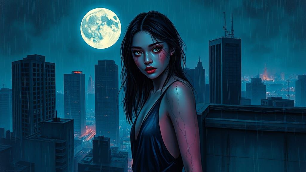 Ethereal Woman on Rooftop in Dark Surrealism