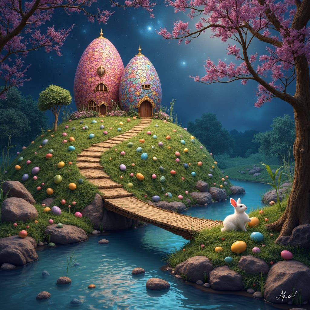 Cosmic Easter Egg Houses in Vibrant Holographic Scene