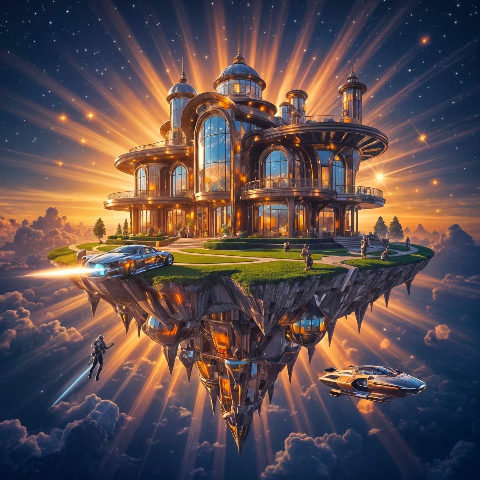 Sci-Fi Floating Mansion in Double Exposure Collage Art