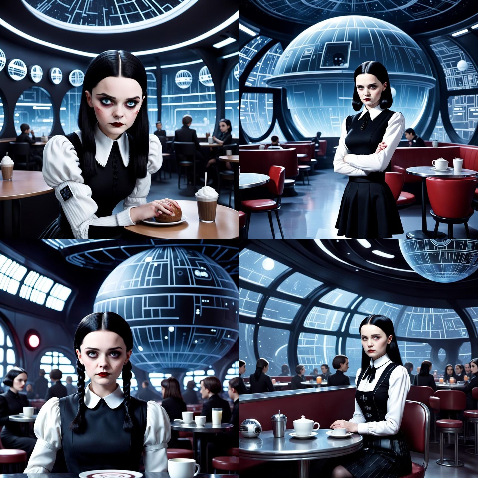 Wednesday Addams in Futuristic Café with Death Star