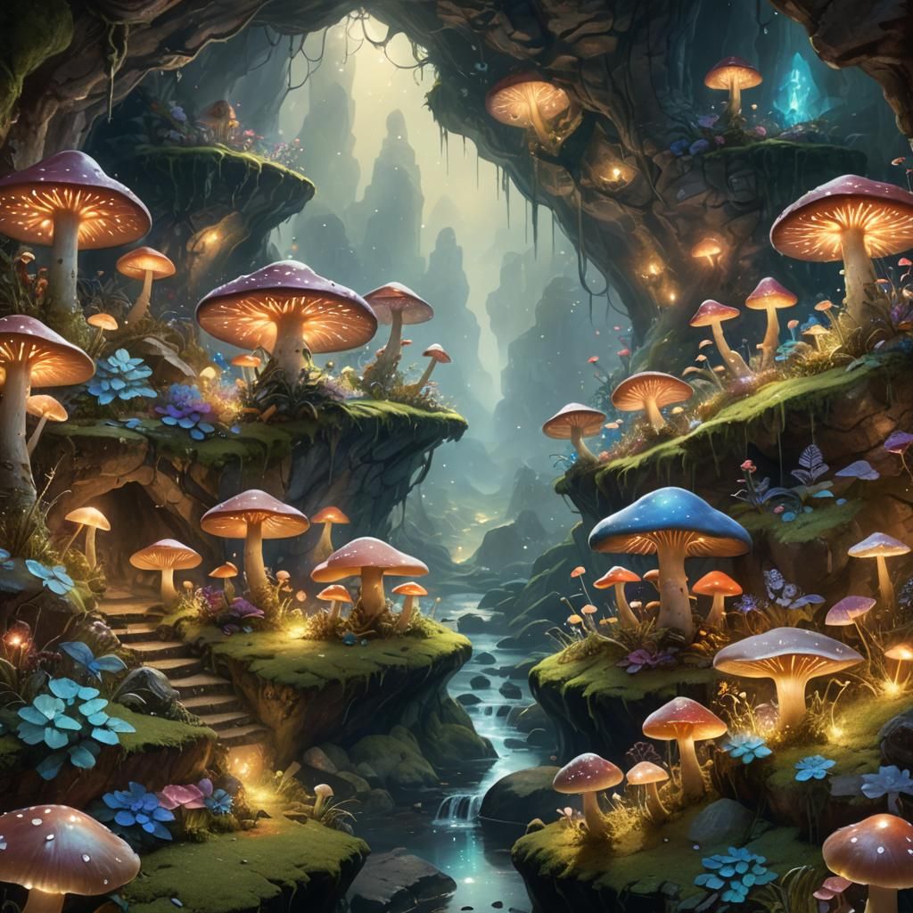 Glowing Crystals and Mushrooms in Misty Cave