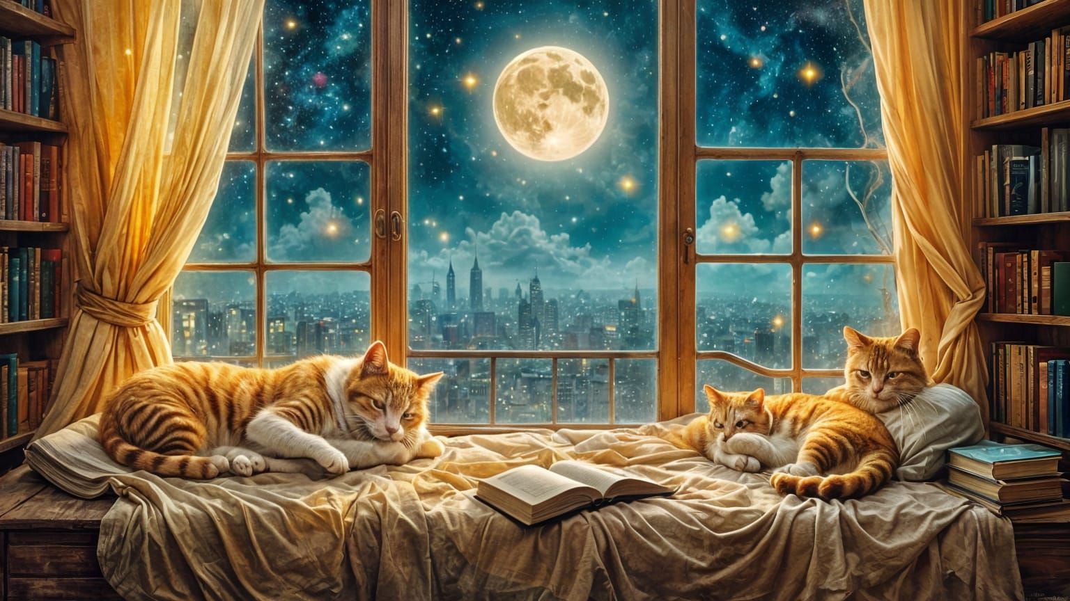 Four Sleeping Cats in Enchanted Window Dreamscape