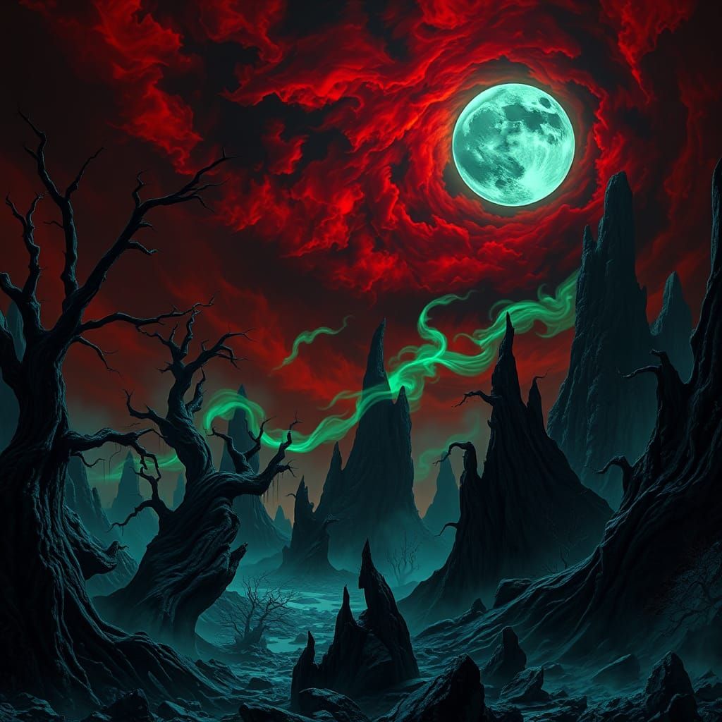Eerie Netherworld Landscape with Black Moon