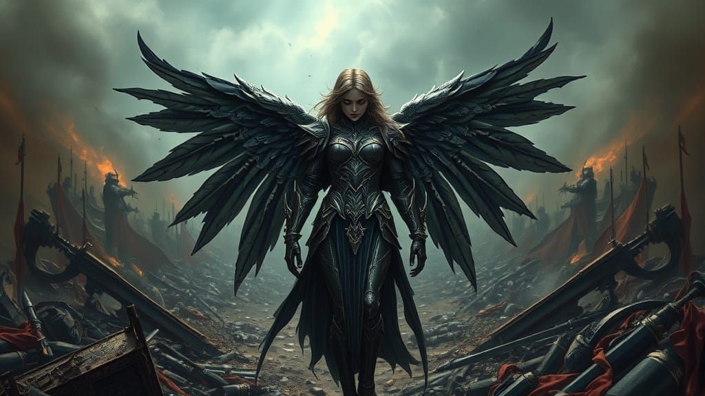 Dark Fantasy Fallen Angel Wears Obsidian Armor