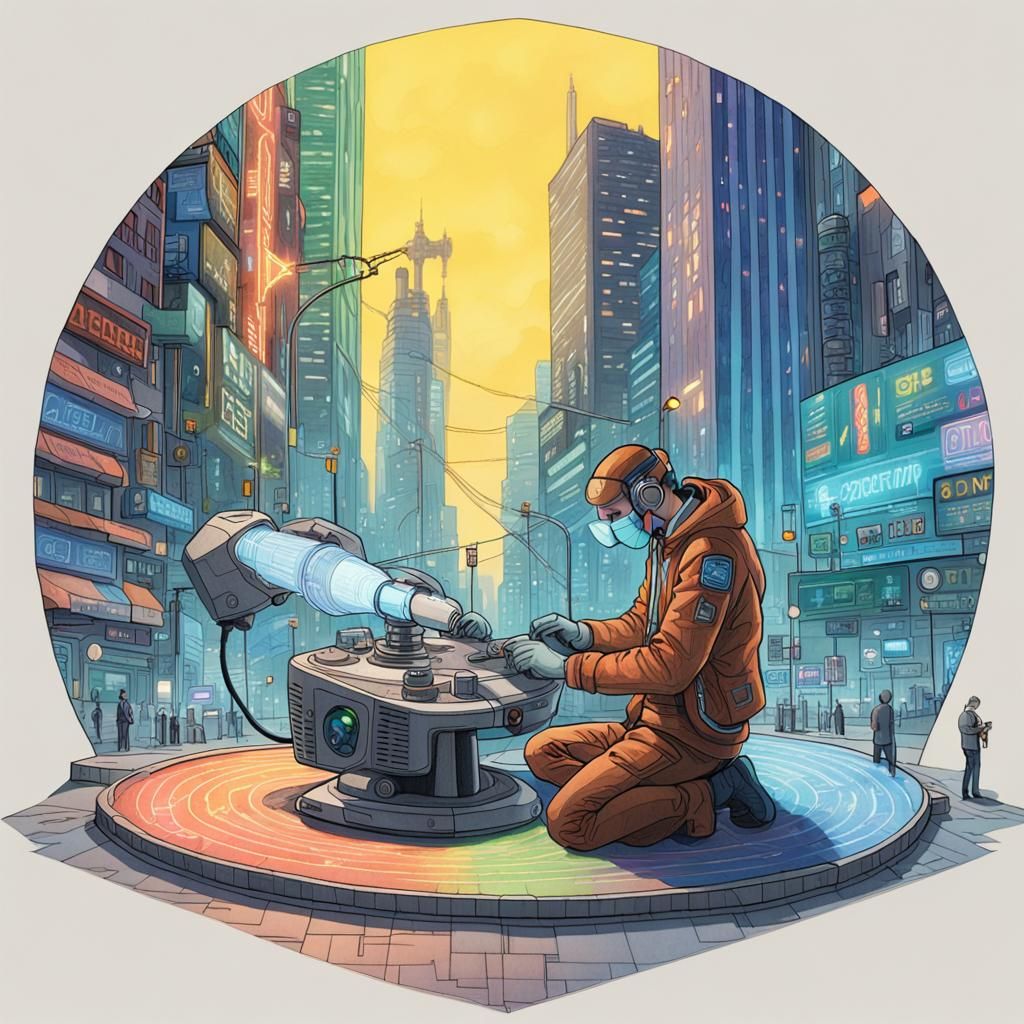 Cybernetic Technician Repairs Hologram Projector in Edgy, Ur...