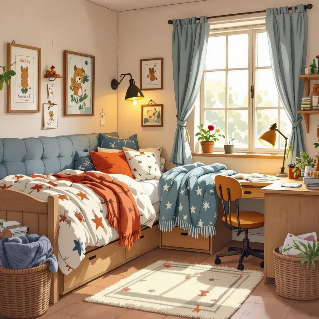 Cozy Dorm Room in Whimsical Watercolor Style