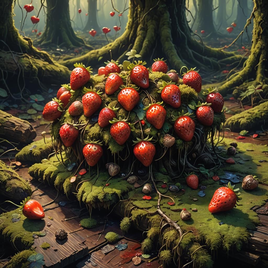 Rotten Strawberries in Mystical Forest, Detailed Matte Paint...