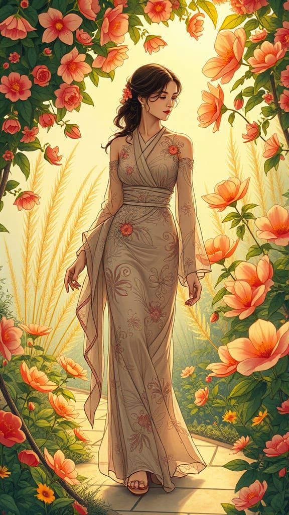 Elegant Woman Strolling Through Sunlit Garden in Art Nouveau...