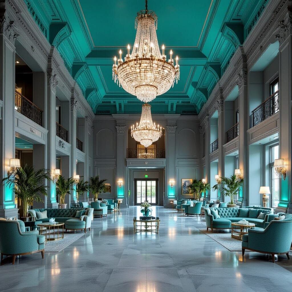 Elegant Gray Event Hall with Turquoise Accents