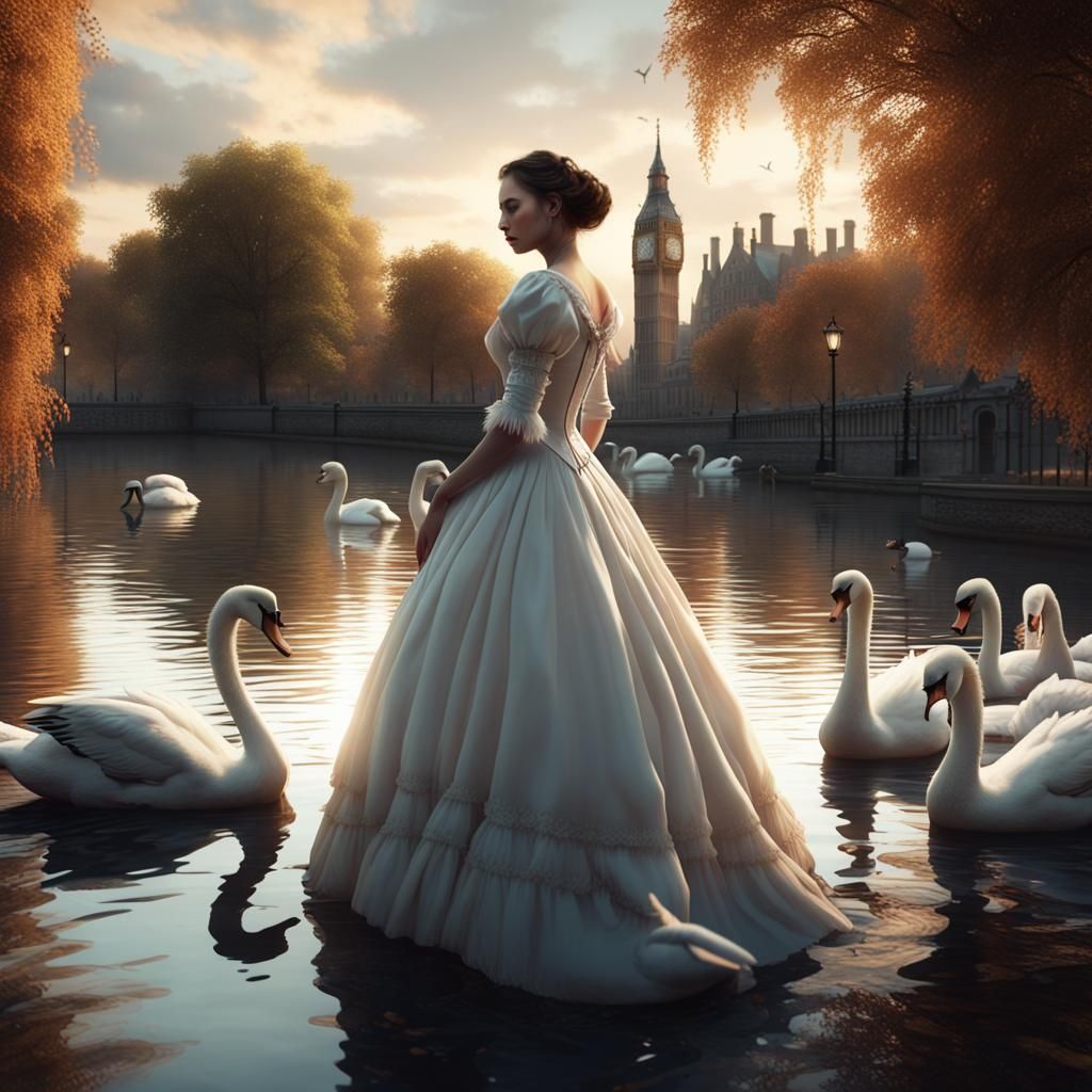 Victorian Girl and Swans in London, Detailed Matte Painting