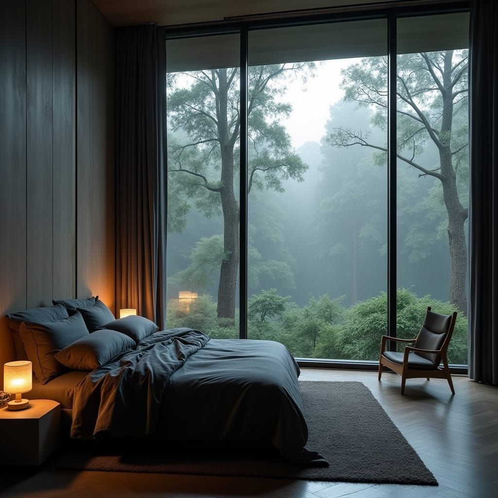 Rainy Forest View from Modern Bedroom