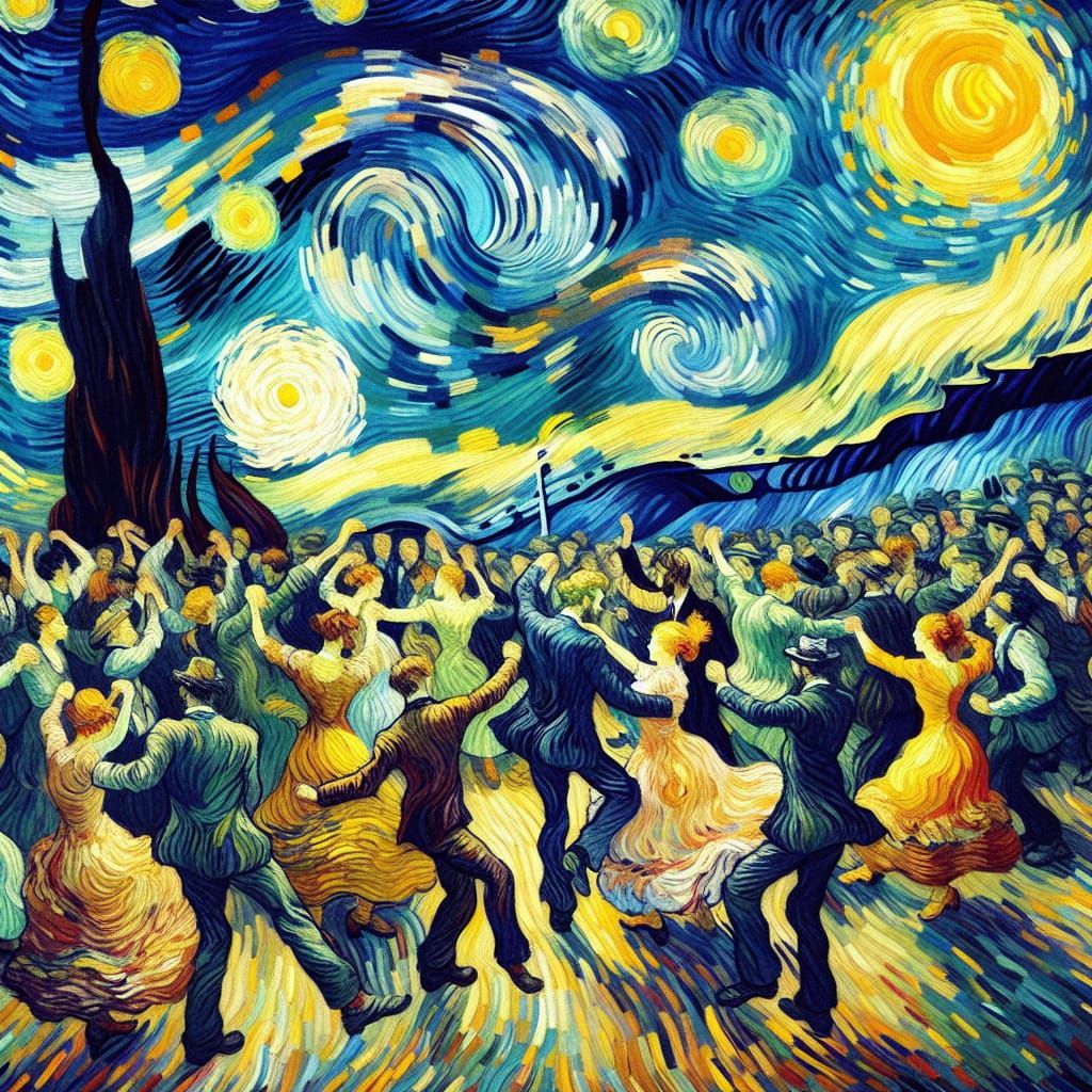 Vibrant Dance Scene in Whimsical Post-Impressionist Style
