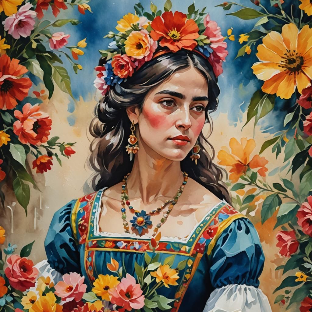 closeup Spanish woman in traditional dress and beautiful flowers