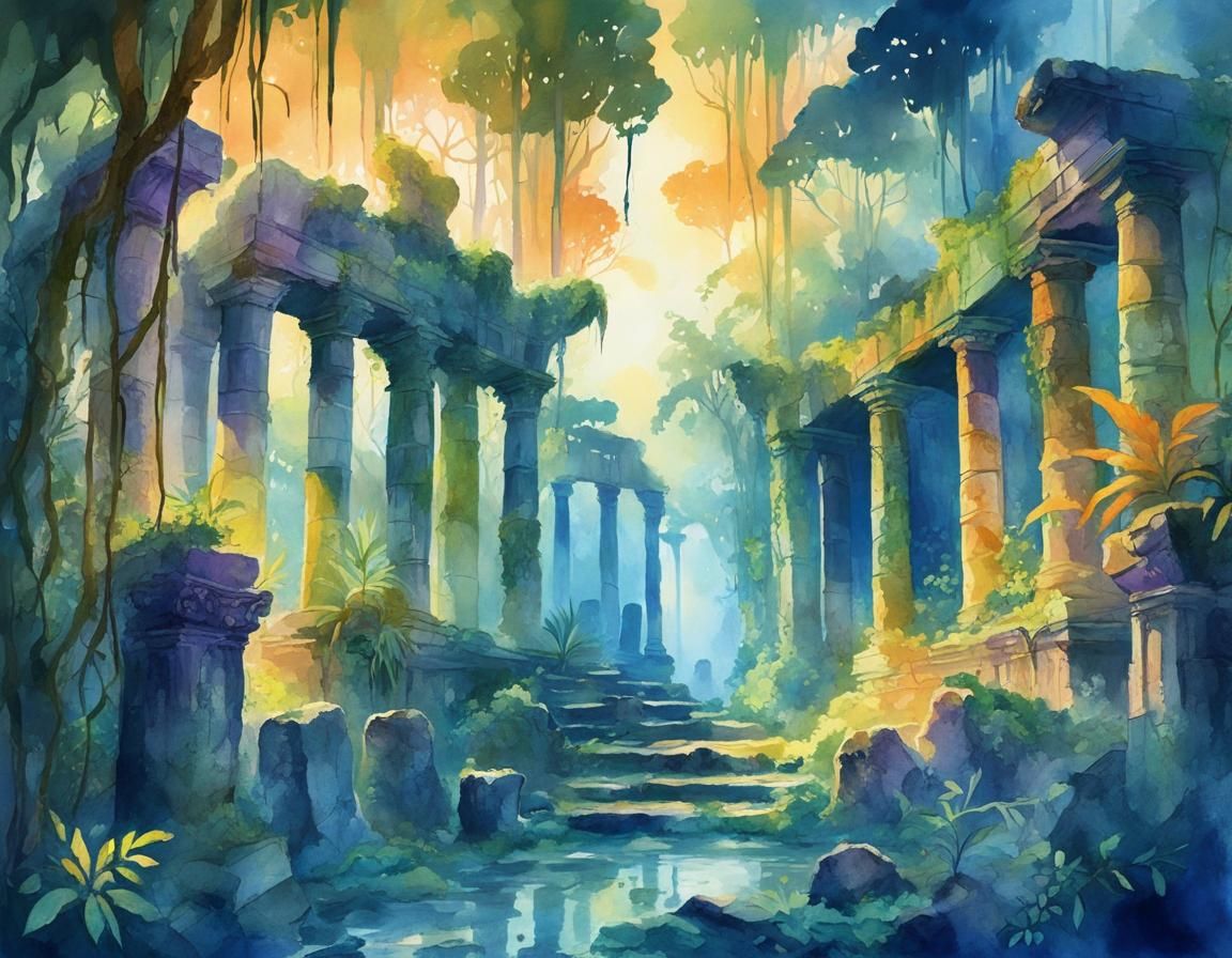 Mystical Jungle Ruins in Fauvist Watercolor
