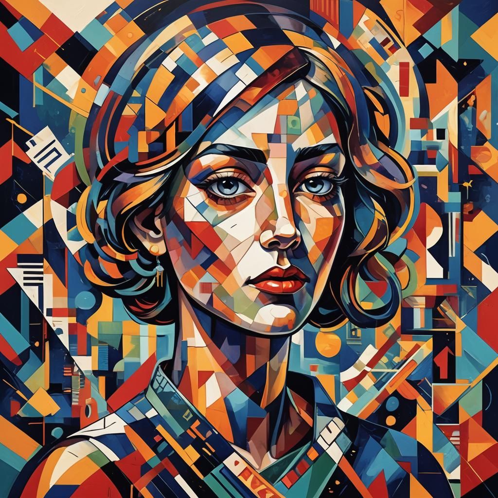Geometric Cubist Portrait in Vibrant Art Deco Style
