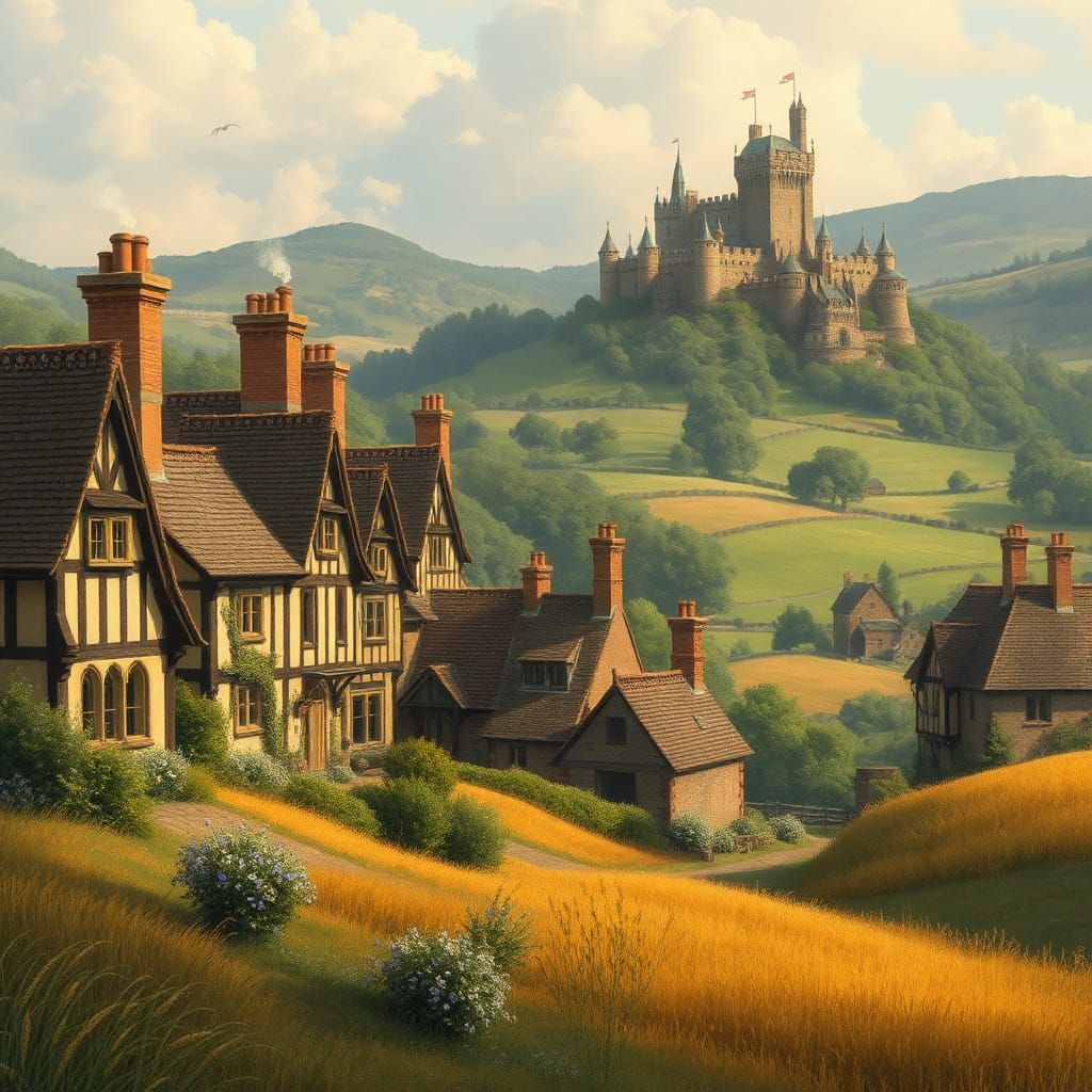 Medieval Village in Lush Valley, Pre-Raphaelite Style