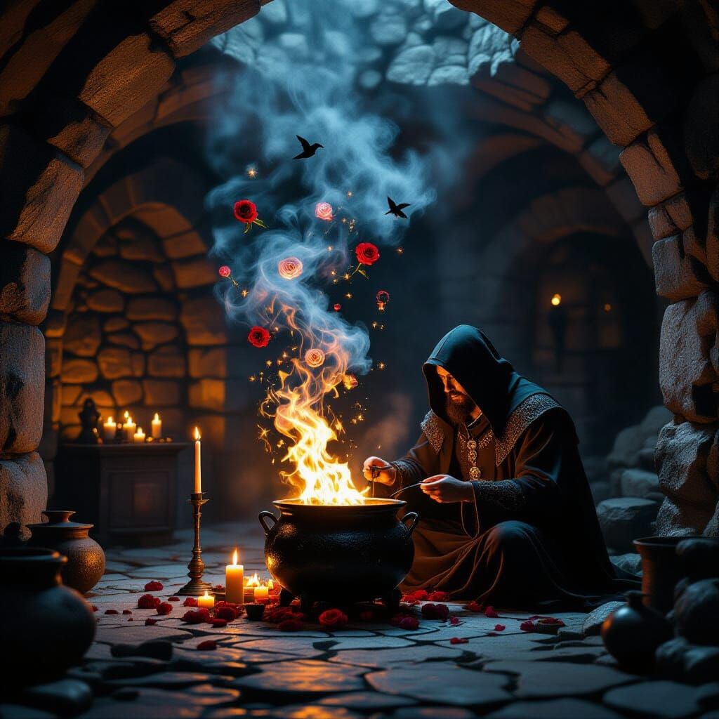 Alchemist Dines on Illusions in Candlelit Chamber