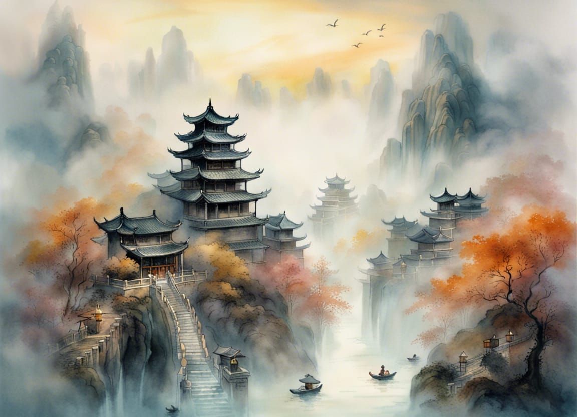 Ethereal Chinese City in Clouds: Watercolor Painting