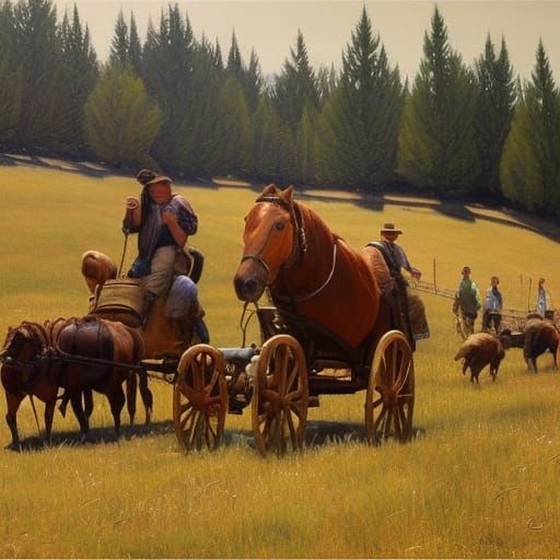 Oregon Trail Scene in Oil Painting Style