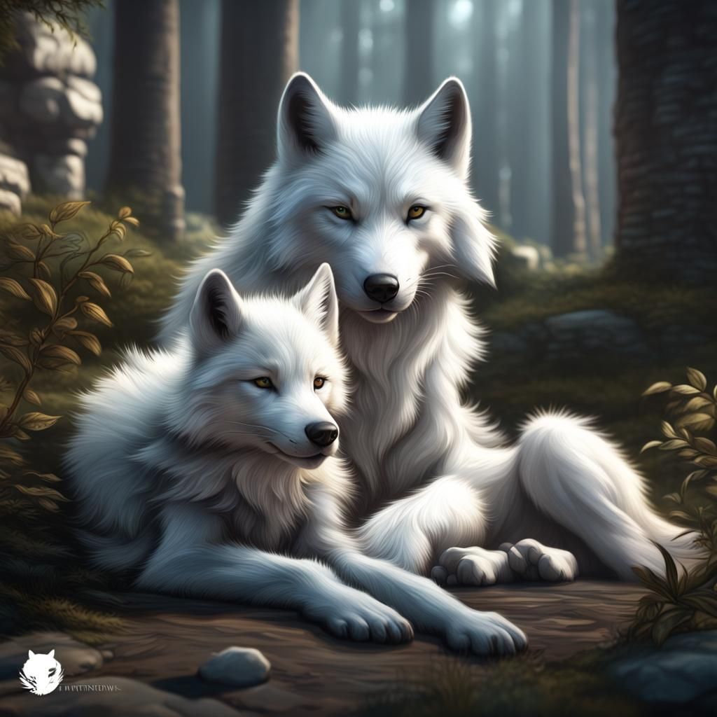 White Wolf Cub with Mother: Detailed Fantasy Art