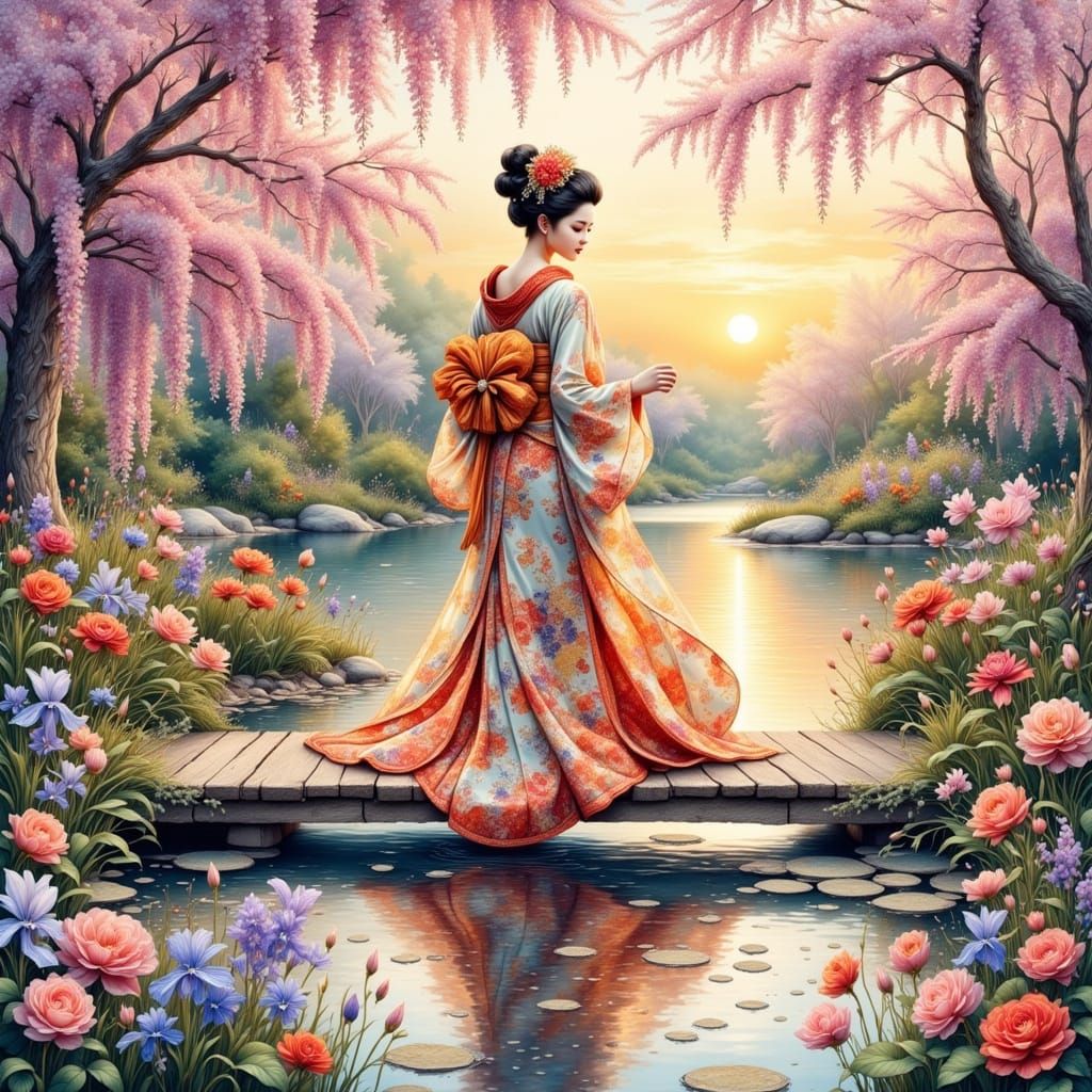 Elegant Geisha in Watercolor Garden at Sunset
