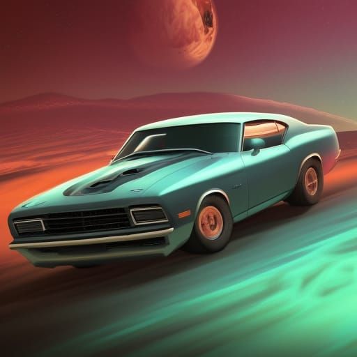 Retrowave Muscle Car on Mars: Detailed Matte Painting