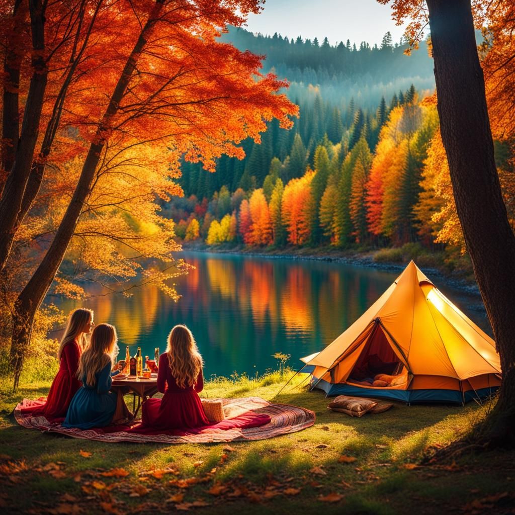 Elegant Women Enjoying Luxury Camping in Autumn
